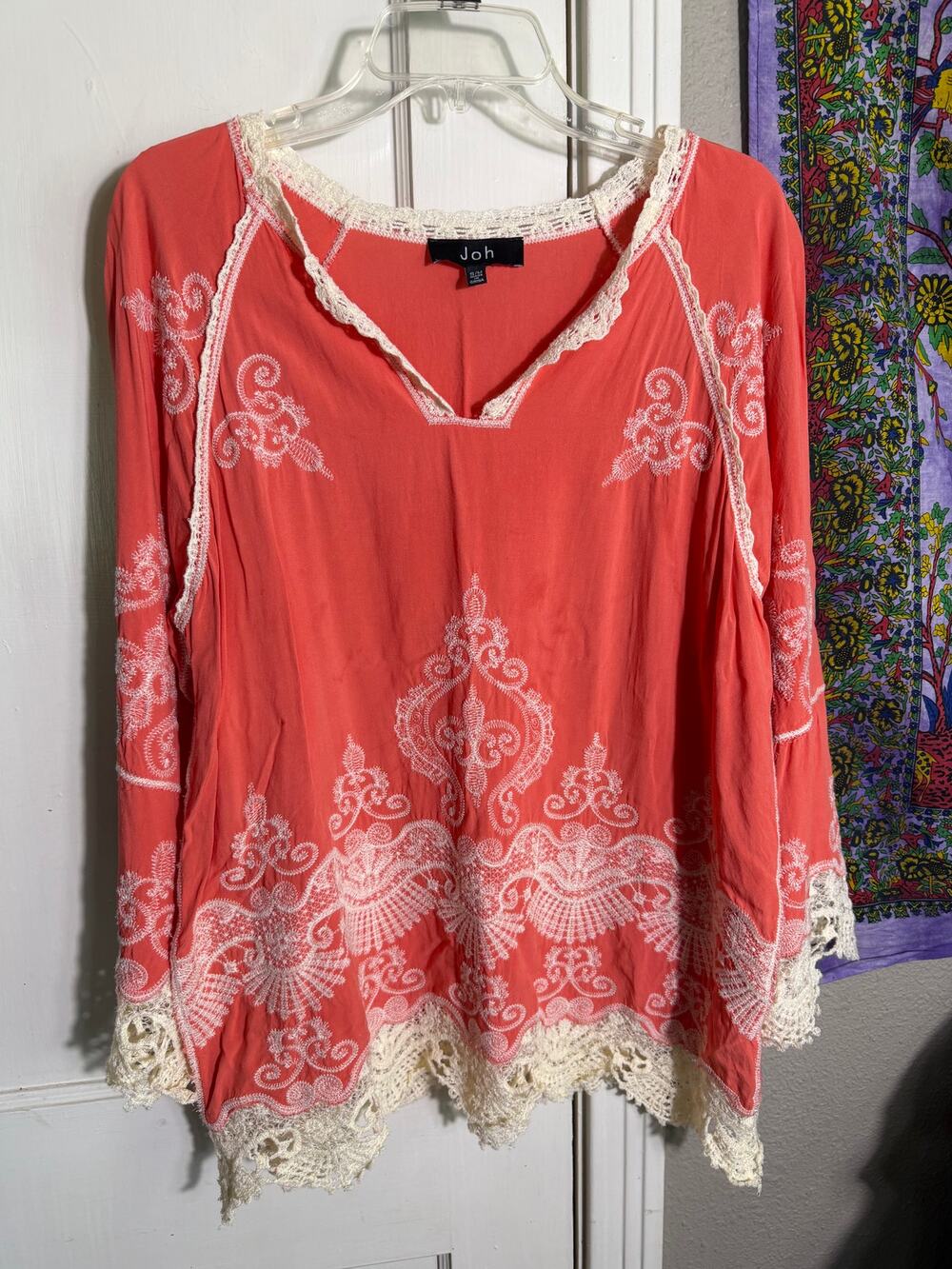Joh Coral Embroidered Boho Blouse Crochet Lace Trim Peasant Top - S/M